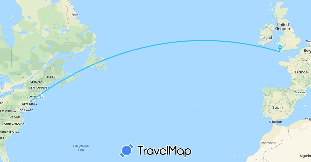 TravelMap itinerary: driving, boat in United Kingdom, United States (Europe, North America)